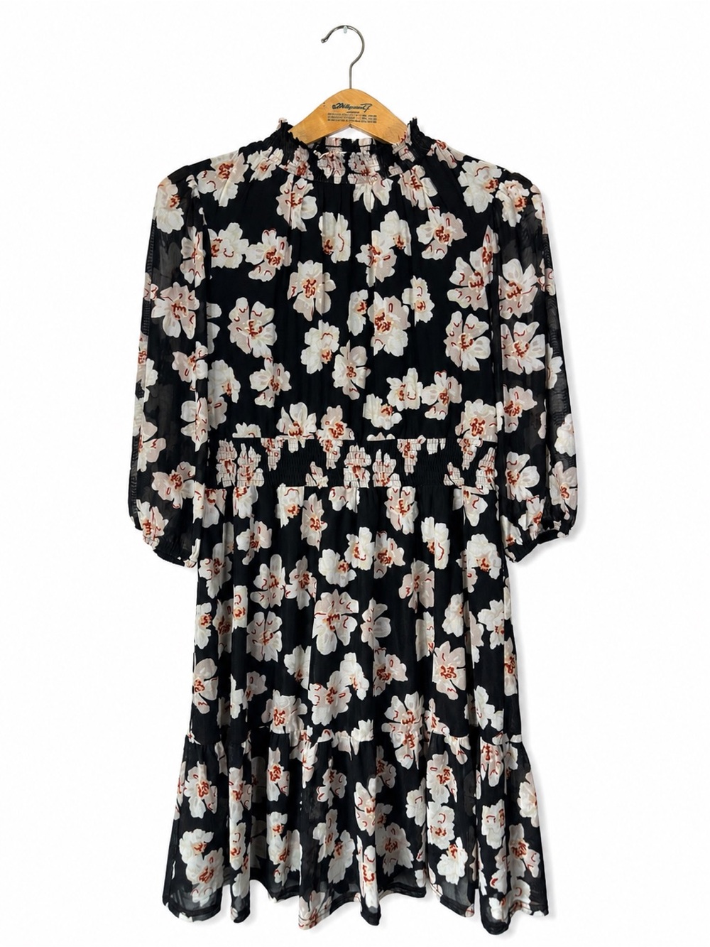Floral Midi Dress Sheer Sleeve Flowy Ruffle Size XL Black Fall Casual Cozy Class